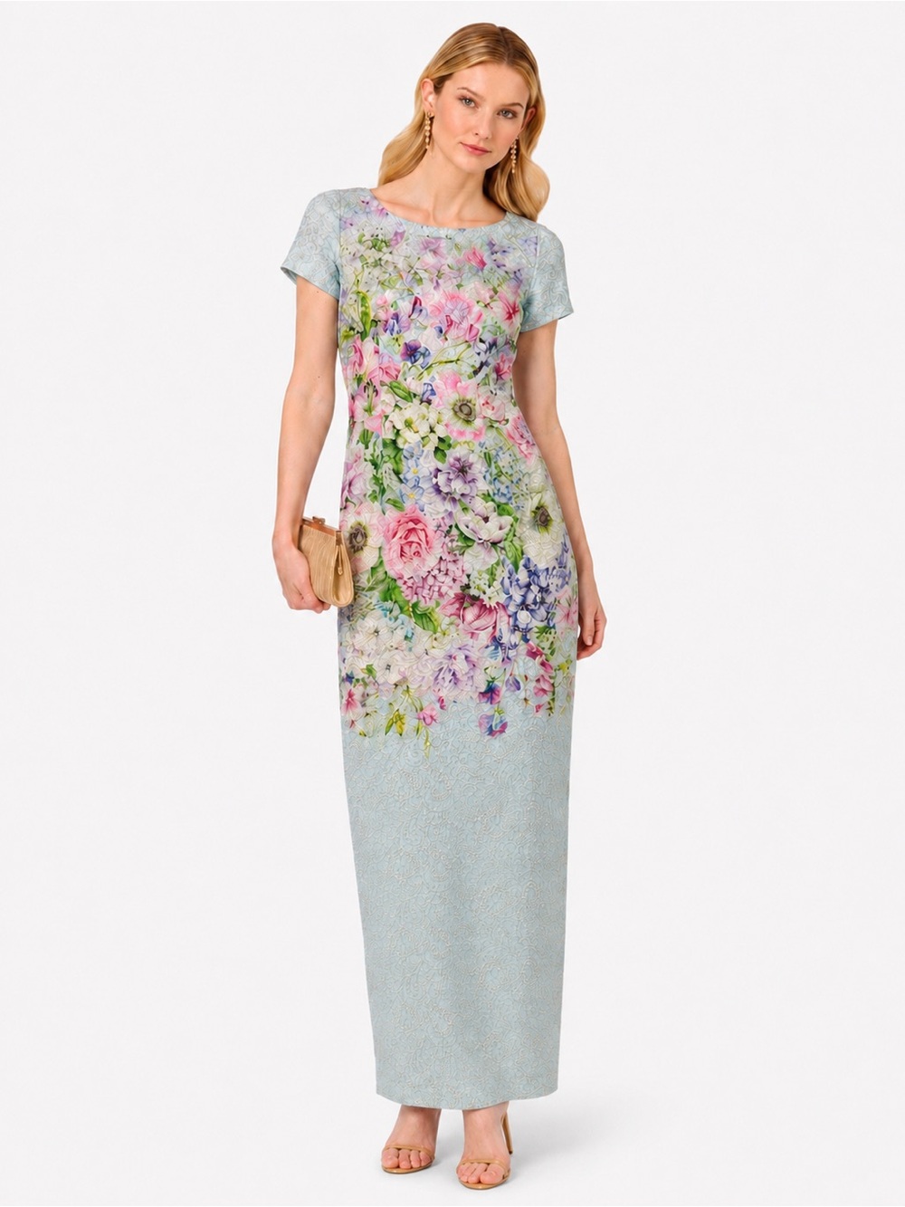 Adrianna Papell Floral Metallic Matelassé Column Gown NWT Sz 10 Blue Multi